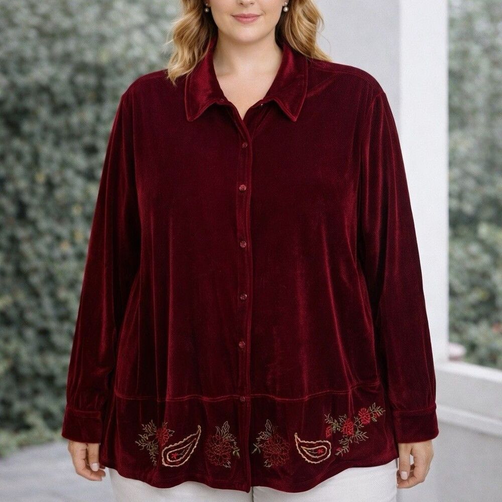 Burgundy Velvet Embroidered Blouse Button Women Plus Size 20W Relaxed Cottage